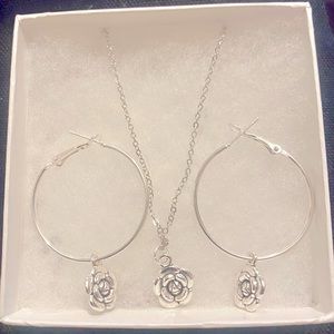 Silver Flower Necklace and Earrings Set